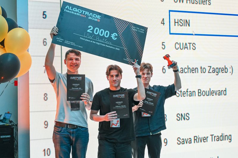 Mateusz Winiarek and teammates holding the AlgoTrade third-place prize